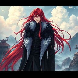 A fantasy light novel cover featuring a tall male character with long, flowing crimson red hair