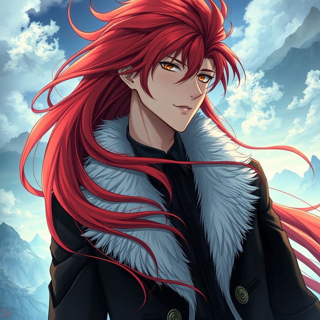 A fantasy light novel cover featuring a tall male character with long, flowing crimson red hair