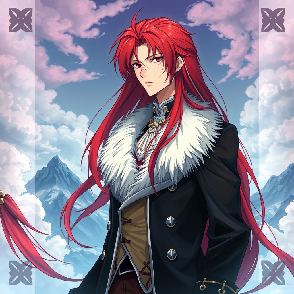 A fantasy light novel cover featuring a tall male character with long, flowing crimson red hair