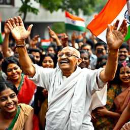 A historic photograph of Mohandas Gandhi rejoicing at the moment of India's independence