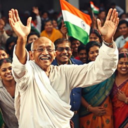 A historic photograph of Mohandas Gandhi rejoicing at the moment of India's independence