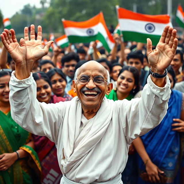 A historic photograph of Mohandas Gandhi rejoicing at the moment of India's independence