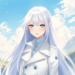 A light novel cover illustration featuring a tall female character with long flowing white hair and striking aqua blue eyes