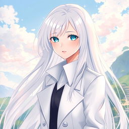 A light novel cover illustration featuring a tall female character with long flowing white hair and striking aqua blue eyes