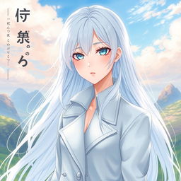 A light novel cover illustration featuring a tall female character with long flowing white hair and striking aqua blue eyes