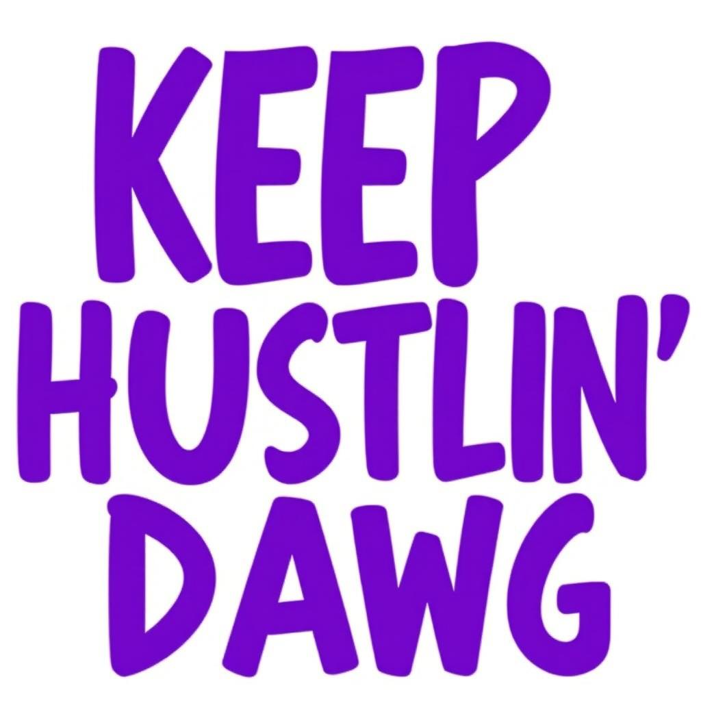 A modern graphic design featuring the phrase "KEEP HUSTLIN' DAWG" prominently displayed in bold purple text