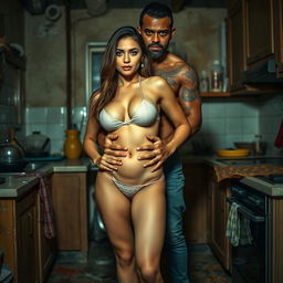 A hot, sultry couple posing for a full-length photoshoot in a dirty kitchen