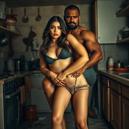 A hot, sultry couple posing for a full-length photoshoot in a dirty kitchen