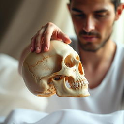 A human gently placing his palm on the top of a human skull, with a focus on the intricate details of the skull's surface