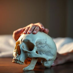 A human gently placing his palm on the top of a human skull, with a focus on the intricate details of the skull's surface
