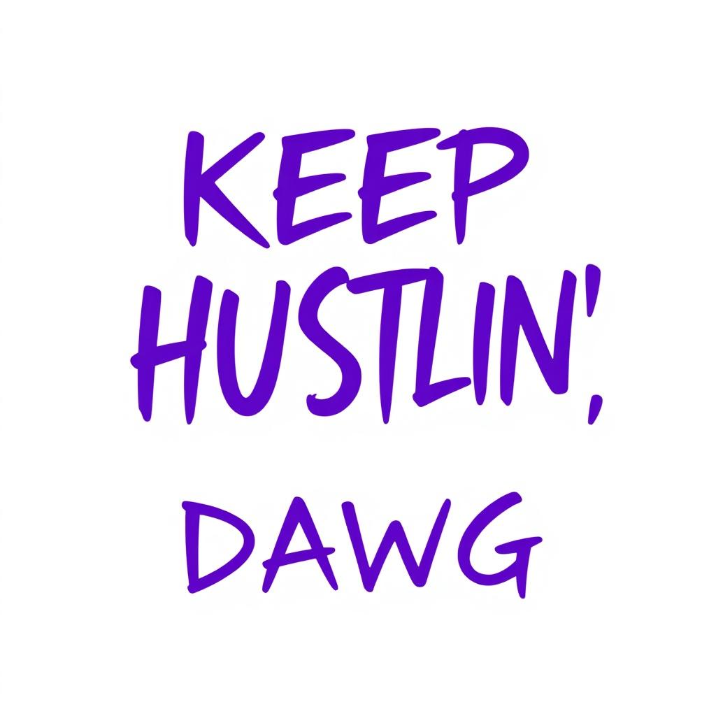 A modern graphic design featuring the phrase "KEEP HUSTLIN', DAWG" prominently displayed in bold purple text