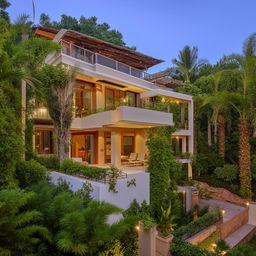 A grand duplex villa with an expansive, well-furnished balcony, set in a lush landscape.