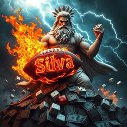The great Zeus, depicted as a powerful figure, holding a football surrounded by flames