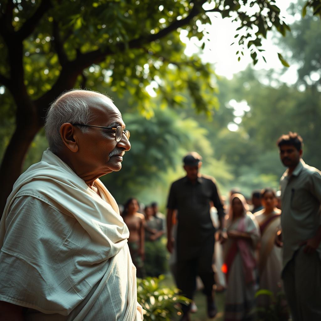 A moment capturing the intense and tragic scene of Mahatma Gandhi during a historical event, expressing the emotions of the moment