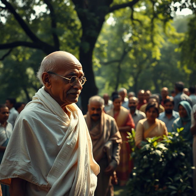 A moment capturing the intense and tragic scene of Mahatma Gandhi during a historical event, expressing the emotions of the moment