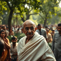 A moment capturing the intense and tragic scene of Mahatma Gandhi during a historical event, expressing the emotions of the moment