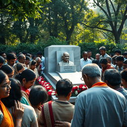 A poignant scene depicting the tomb of Mahatma Gandhi, surrounded by sorrowful people of India paying their respects