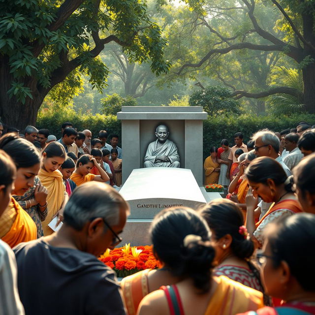 A poignant scene depicting the tomb of Mahatma Gandhi, surrounded by sorrowful people of India paying their respects