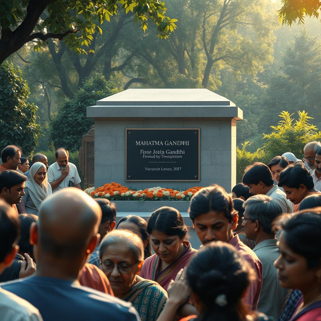 A poignant scene depicting the tomb of Mahatma Gandhi, surrounded by sorrowful people of India paying their respects