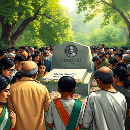 A poignant scene depicting the tomb of Mahatma Gandhi, surrounded by sorrowful people of India paying their respects
