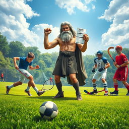 A vibrant scene on a lush green field depicting a football player taking a shot at a football