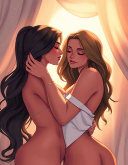 A sensual illustration of two beautiful, curvy women embracing each other passionately in a softly lit, intimate setting