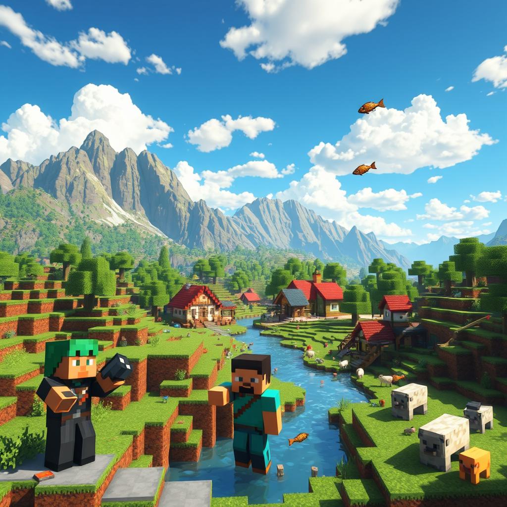 A vibrant Minecraft world featuring a sprawling landscape of blocky terrain