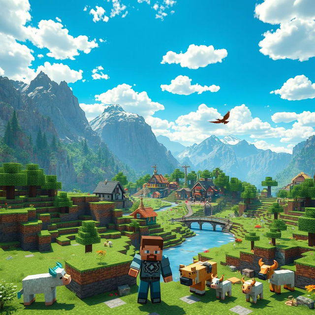 A vibrant Minecraft world featuring a sprawling landscape of blocky terrain