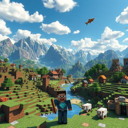 A vibrant Minecraft world featuring a sprawling landscape of blocky terrain