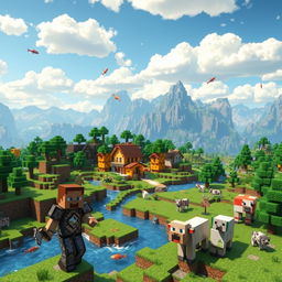 A vibrant Minecraft world featuring a sprawling landscape of blocky terrain