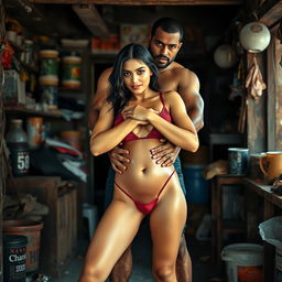 A hot, sultry couple posing for a full-length photoshoot in a dirty village shop