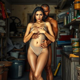 A hot, sultry couple posing for a full-length photoshoot in a dirty village shop