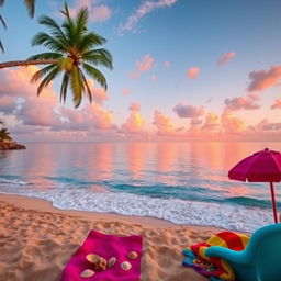 A serene and picturesque seaside view featuring soft waves gently lapping against the shore, golden sandy beaches, and vibrant seashells scattered across the sand