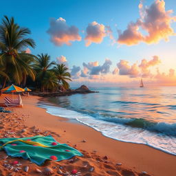 A serene and picturesque seaside view featuring soft waves gently lapping against the shore, golden sandy beaches, and vibrant seashells scattered across the sand