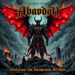 A visually striking graphic novel cover featuring Abaddon, a powerful and imposing figure from mythology