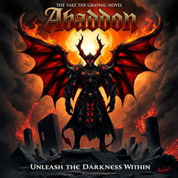 A visually striking graphic novel cover featuring Abaddon, a powerful and imposing figure from mythology