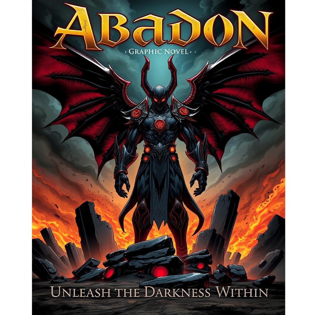 A visually striking graphic novel cover featuring Abaddon, a powerful and imposing figure from mythology
