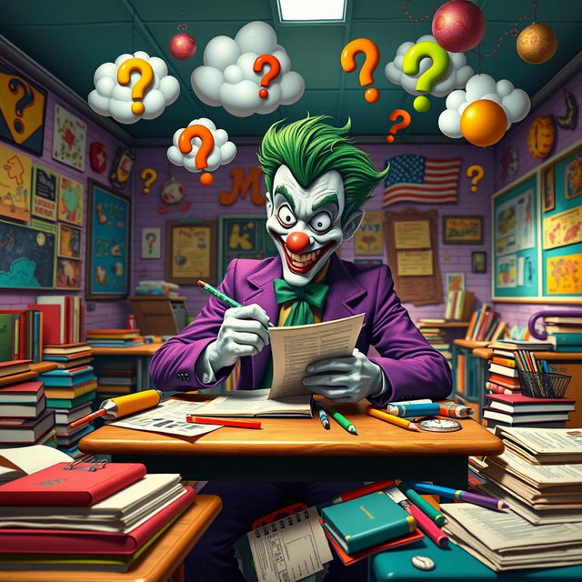 A whimsical and surreal scene depicting the Joker, dressed in his iconic purple suit and green hair, sitting at a desk in a brightly colored classroom filled with quirky and fantastical elements