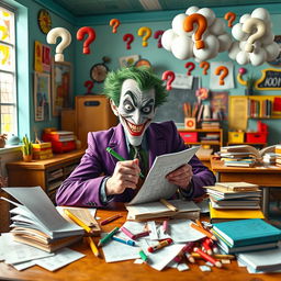 A whimsical and surreal scene depicting the Joker, dressed in his iconic purple suit and green hair, sitting at a desk in a brightly colored classroom filled with quirky and fantastical elements