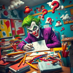 A whimsical and surreal scene depicting the Joker, dressed in his iconic purple suit and green hair, sitting at a desk in a brightly colored classroom filled with quirky and fantastical elements
