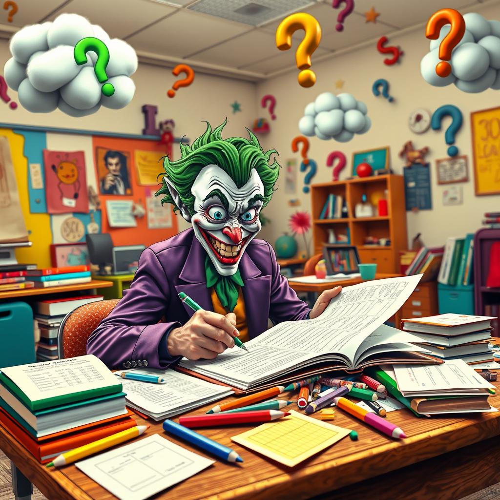 A whimsical and surreal scene depicting the Joker, dressed in his iconic purple suit and green hair, sitting at a desk in a brightly colored classroom filled with quirky and fantastical elements