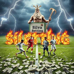 A vibrant football field covered in scattered dollars, with Cristiano Ronaldo poised to kick a football