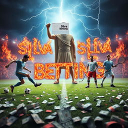 A vibrant football field covered in scattered dollars, with Cristiano Ronaldo poised to kick a football