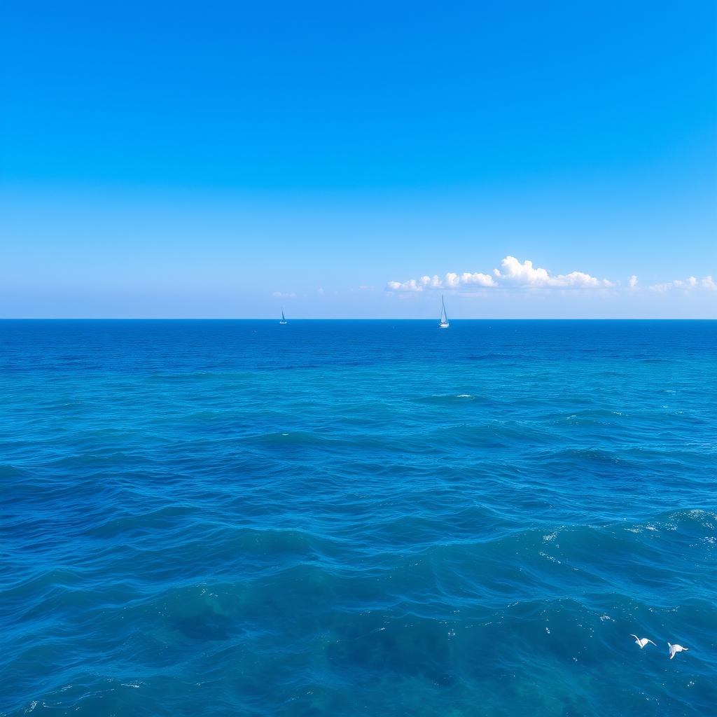 A vast and serene blue sea stretching to the horizon under a clear blue sky