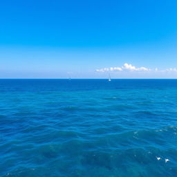 A vast and serene blue sea stretching to the horizon under a clear blue sky