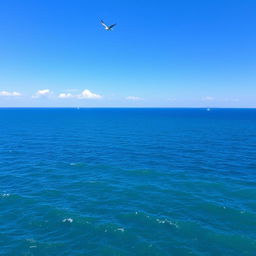 A vast and serene blue sea stretching to the horizon under a clear blue sky