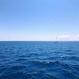 A vast and serene blue sea stretching to the horizon under a clear blue sky