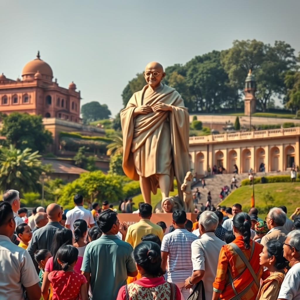 A vibrant photo capturing a large statue of Mahatma Gandhi, set in a scenic public space in India, surrounded by a diverse group of people of all ages, including families, children, and elderly, all gazing up at the statue with enthusiasm and admiration