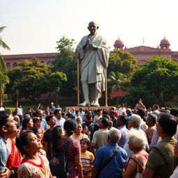 A vibrant photo capturing a large statue of Mahatma Gandhi, set in a scenic public space in India, surrounded by a diverse group of people of all ages, including families, children, and elderly, all gazing up at the statue with enthusiasm and admiration