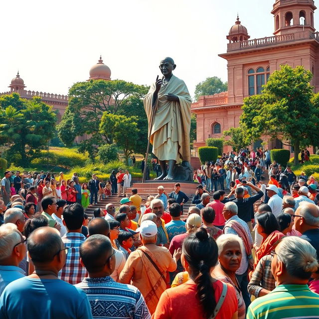 A vibrant photo capturing a large statue of Mahatma Gandhi, set in a scenic public space in India, surrounded by a diverse group of people of all ages, including families, children, and elderly, all gazing up at the statue with enthusiasm and admiration